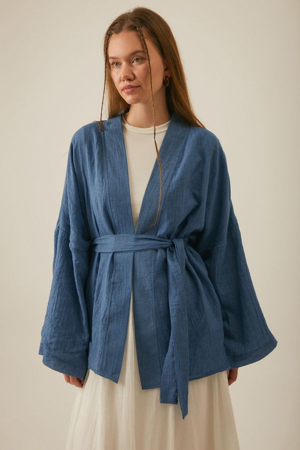 Düşük Kol Kimono İndigo - 8