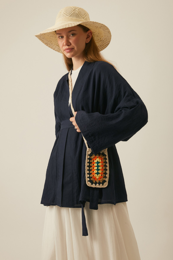 Düşük Kol Kimono Lacivert - 1