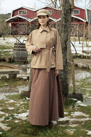 Düşük Kol Kruvaze Trençkot Bej - 3