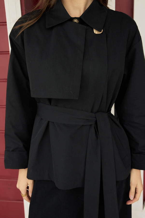 Düşük Kol Kruvaze Trençkot Siyah - 4