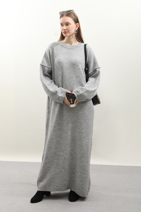 Düşük Omuz Triko Elbise Gri - 2