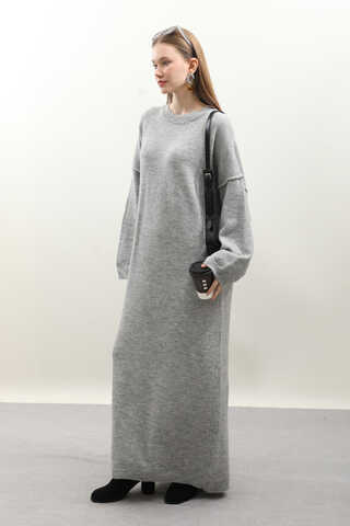 Düşük Omuz Triko Elbise Gri - 3