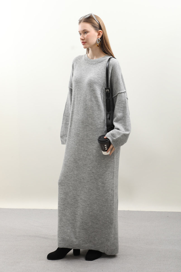 Düşük Omuz Triko Elbise Gri - 3