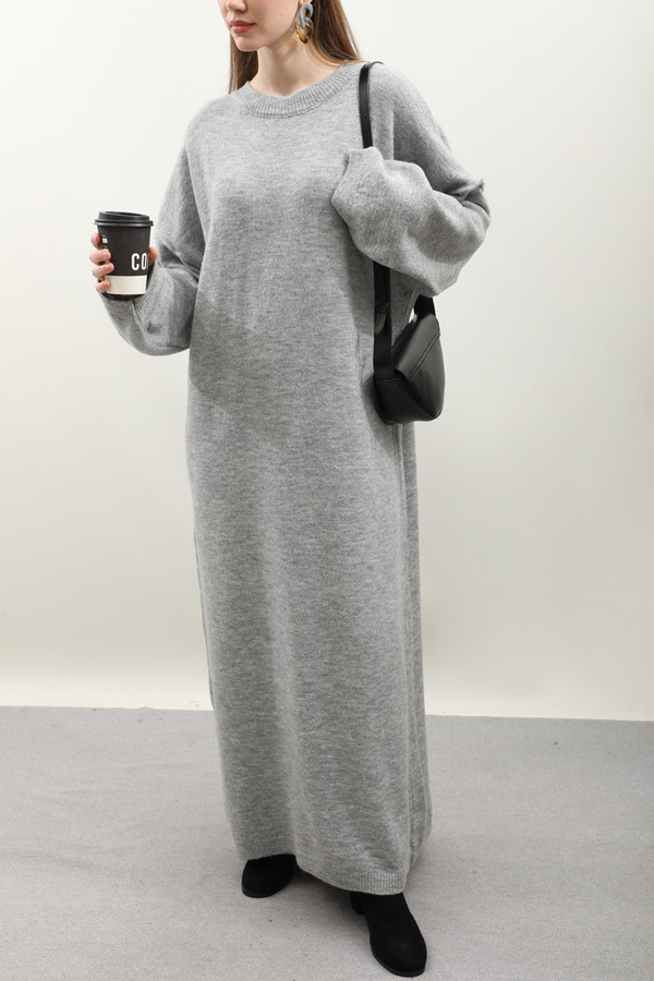 Düşük Omuz Triko Elbise Gri - 4