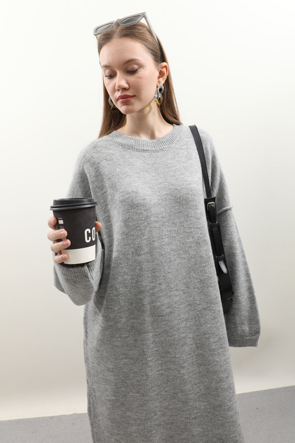 Düşük Omuz Triko Elbise Gri - 7