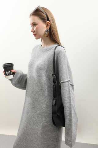 Düşük Omuz Triko Elbise Gri - 5