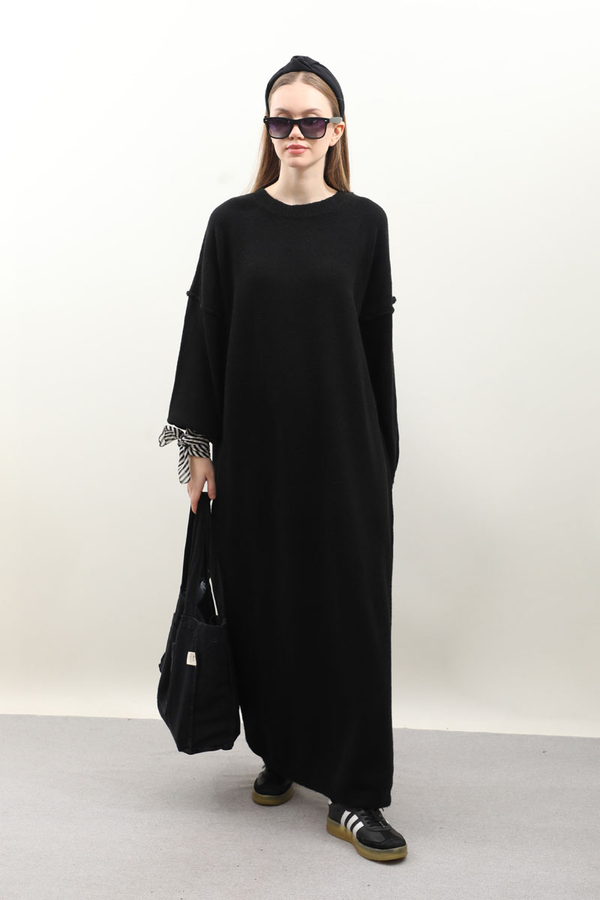 Düşük Omuz Triko Elbise Siyah - 2