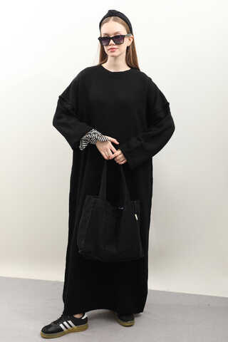 Düşük Omuz Triko Elbise Siyah - 3