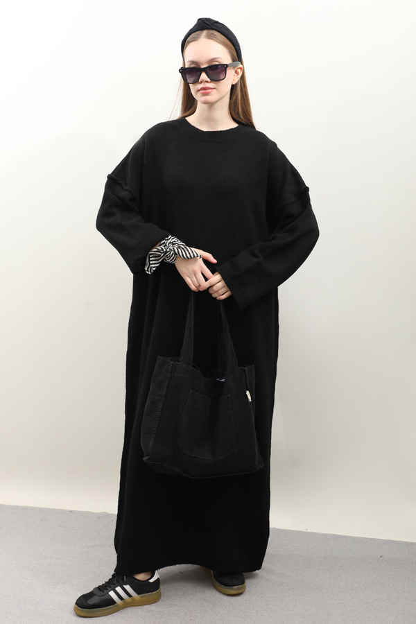 Düşük Omuz Triko Elbise Siyah - 3