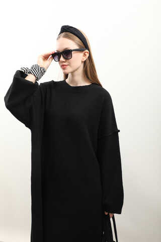 Düşük Omuz Triko Elbise Siyah - 1