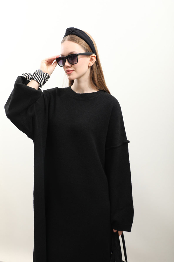 Düşük Omuz Triko Elbise Siyah - 1