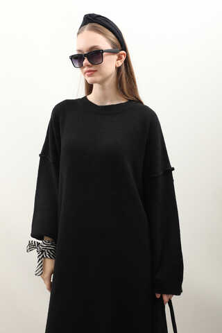 Düşük Omuz Triko Elbise Siyah - 5