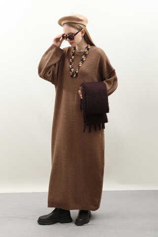 Düşük Omuz Triko Elbise Taba - 1