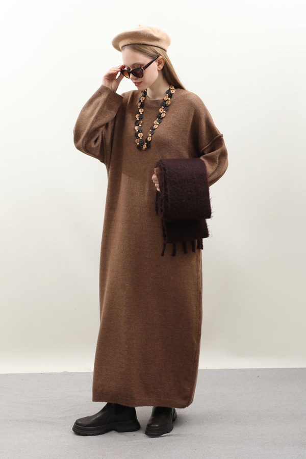 Düşük Omuz Triko Elbise Taba - 1