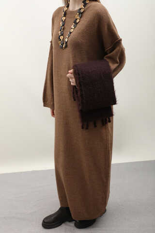 Düşük Omuz Triko Elbise Taba - 2