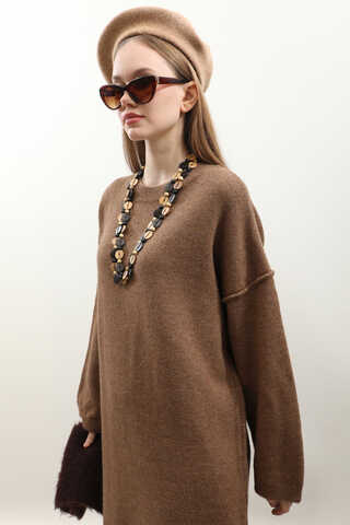 Düşük Omuz Triko Elbise Taba - 3