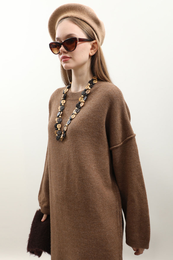 Düşük Omuz Triko Elbise Taba - 3