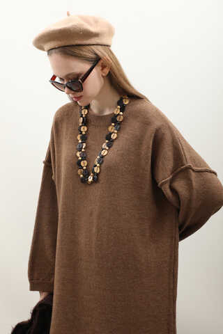 Düşük Omuz Triko Elbise Taba - 4