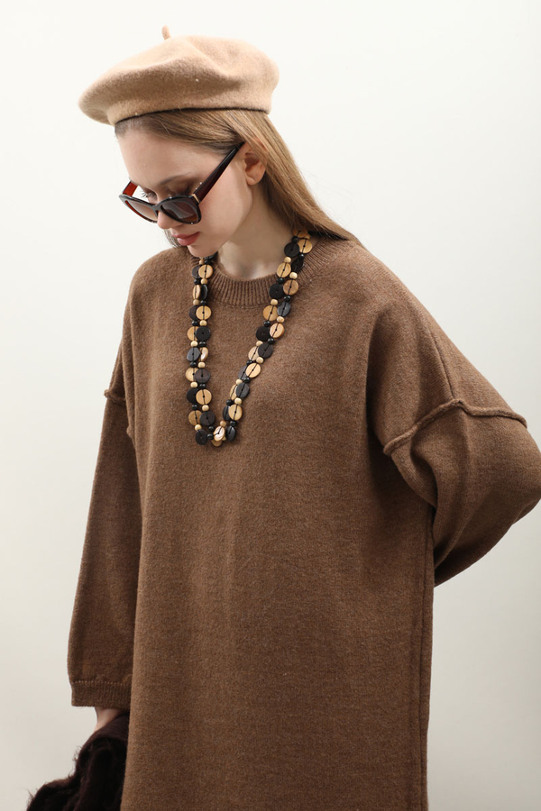 Düşük Omuz Triko Elbise Taba - 4