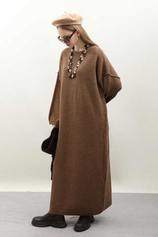 Düşük Omuz Triko Elbise Taba - 5