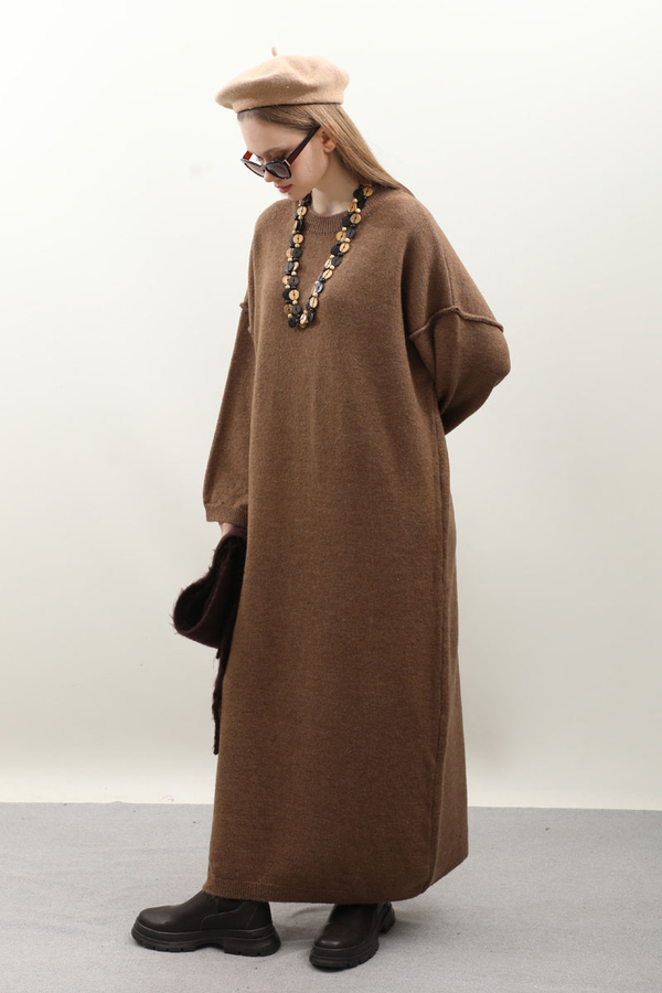 Düşük Omuz Triko Elbise Taba - 5