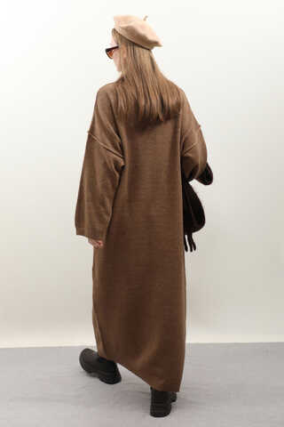 Düşük Omuz Triko Elbise Taba - 6