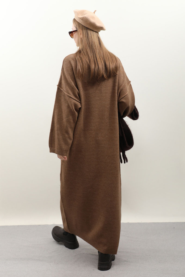 Düşük Omuz Triko Elbise Taba - 6