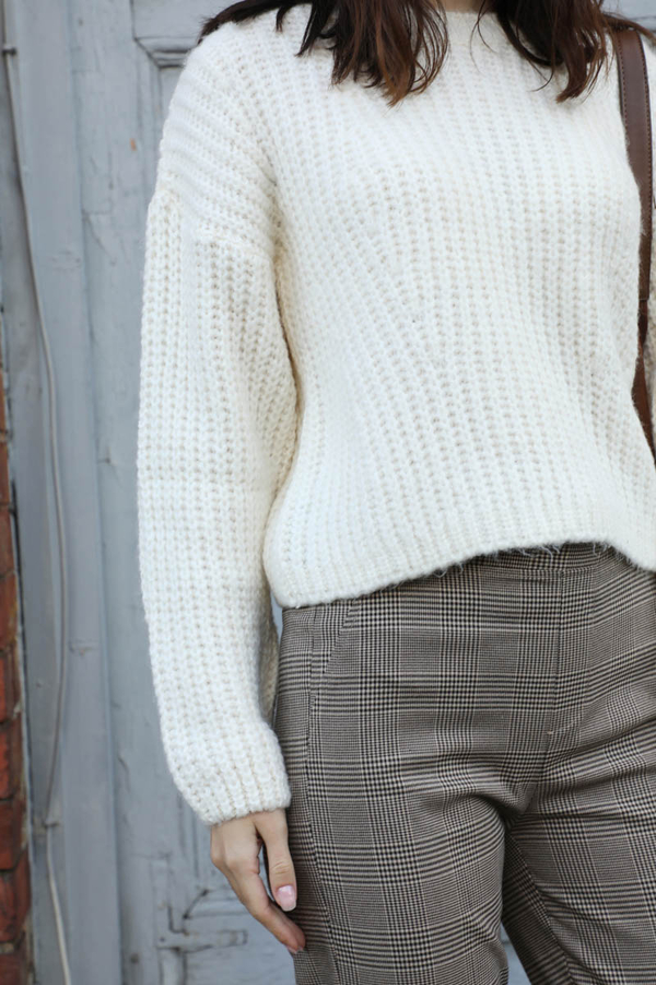 Düşük Omuzlu Kısa Kazak Ekru - 5