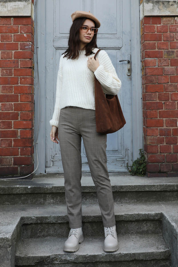 Düşük Omuzlu Kısa Kazak Ekru - 1