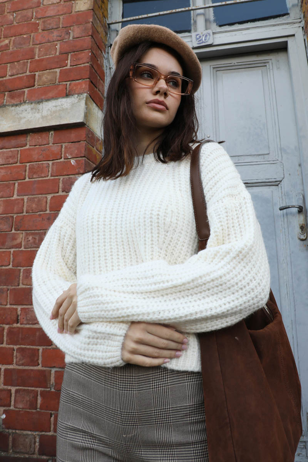 Düşük Omuzlu Kısa Kazak Ekru - 3