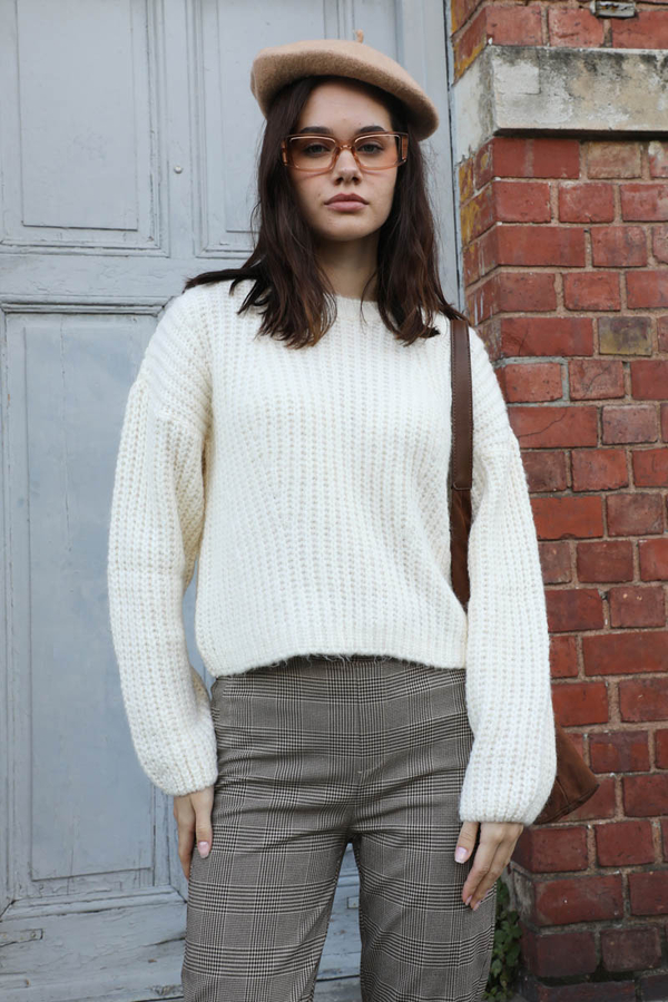 Düşük Omuzlu Kısa Kazak Ekru - 4