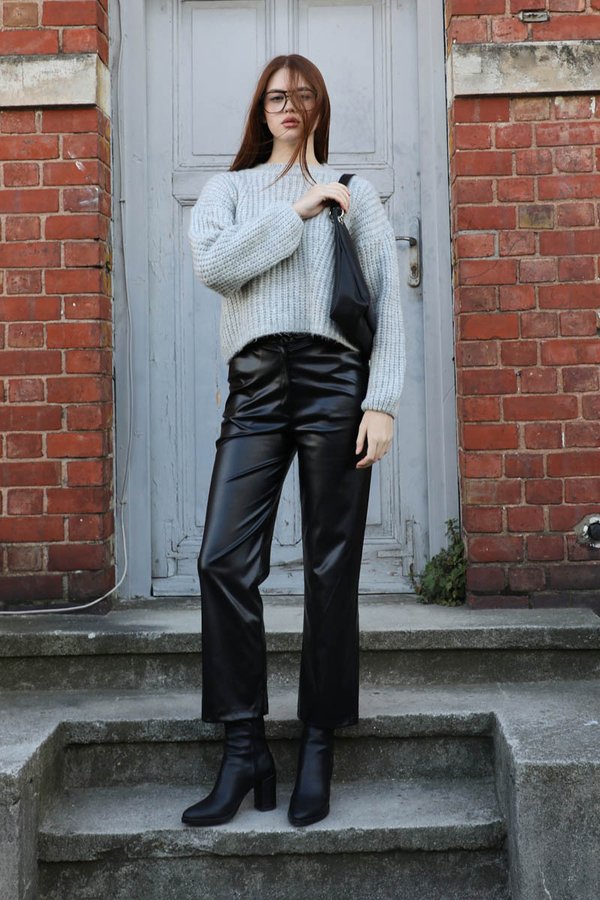 Düşük Omuzlu Kısa Kazak Gri - 1