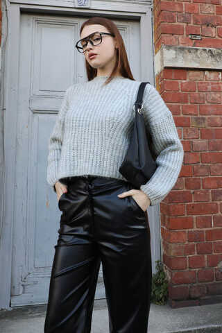 Düşük Omuzlu Kısa Kazak Gri - 2