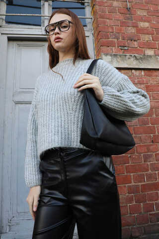 Düşük Omuzlu Kısa Kazak Gri - 5