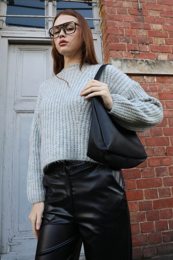 Düşük Omuzlu Kısa Kazak Gri - 5