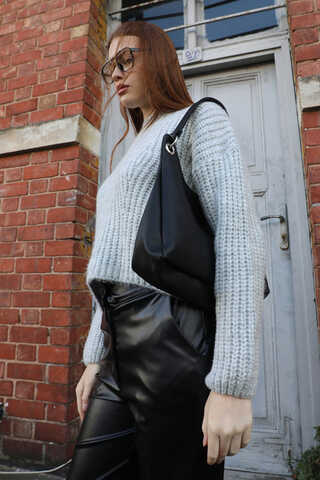 Düşük Omuzlu Kısa Kazak Gri - 8