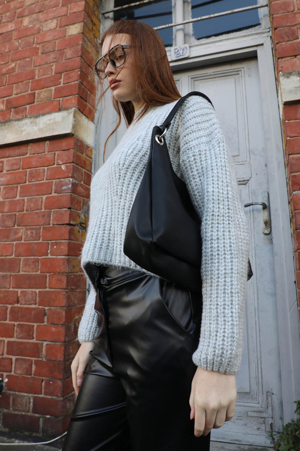 Düşük Omuzlu Kısa Kazak Gri - 8