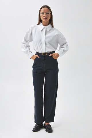 Düz Kesim Denim Pantolon Koyu Mavi - 4