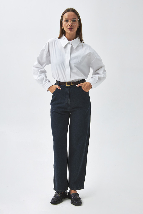 Düz Kesim Denim Pantolon Koyu Mavi - 4