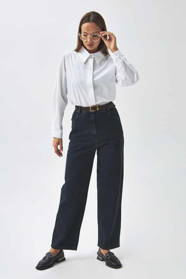 Düz Kesim Denim Pantolon Koyu Mavi - 7