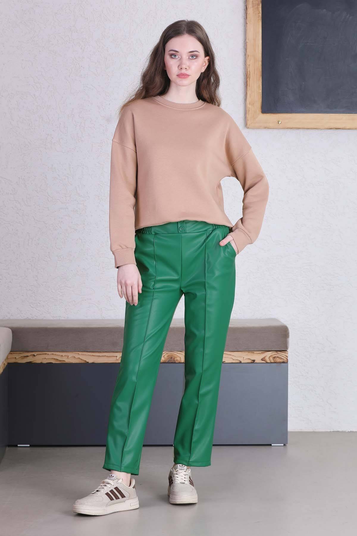 Düz Paça Deri Pantolon Yeşil