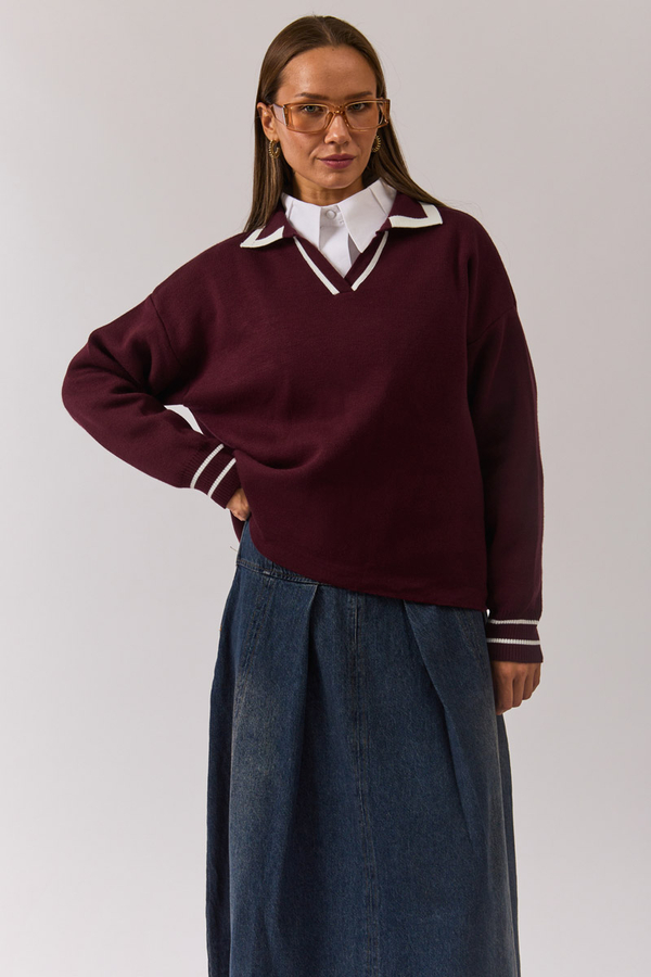 Düz Polo Kazak Bordo - 9