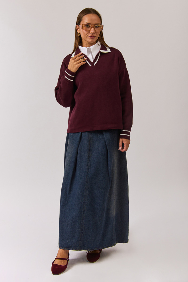 Düz Polo Kazak Bordo - 1