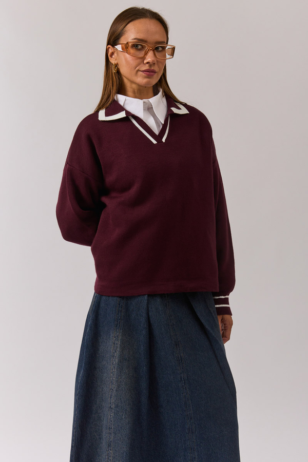 Düz Polo Kazak Bordo - 2