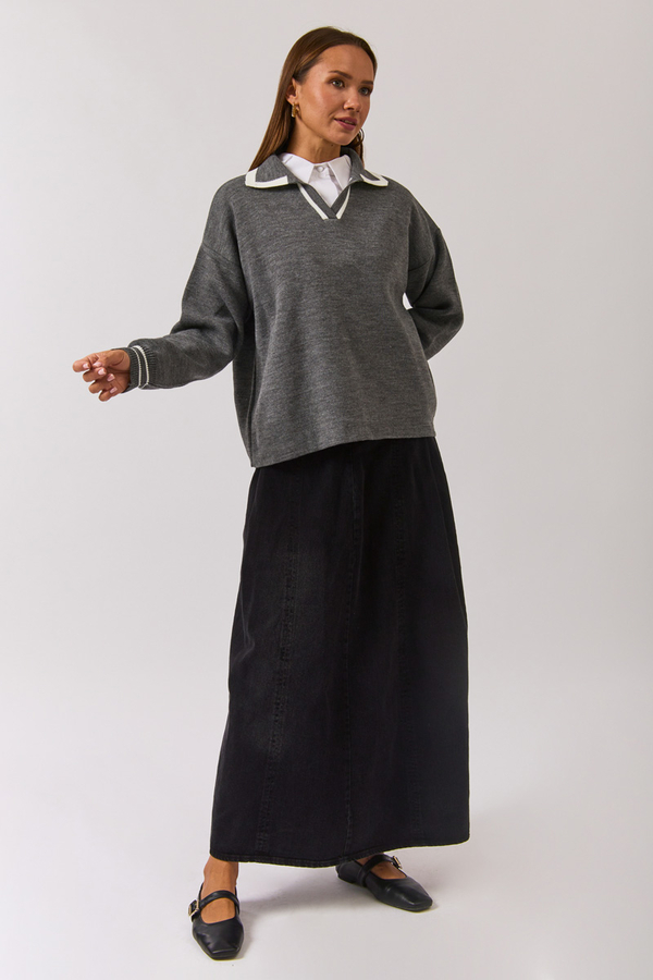 Düz Polo Kazak Gri - 7