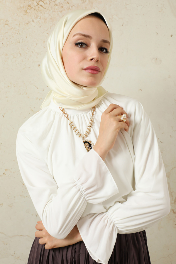 Düz Saten Eşarp Ekru - 1