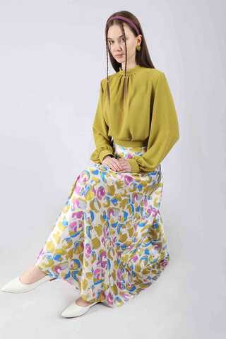 Ebru Desenli Etek Takım Yağ Yeşili - 1