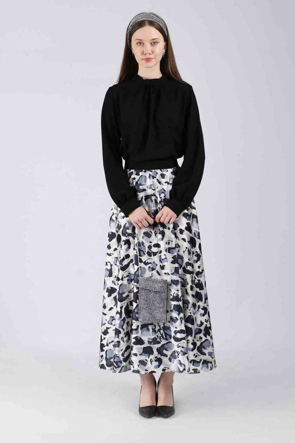 Ebru Patterned Skirt Set Black - 1