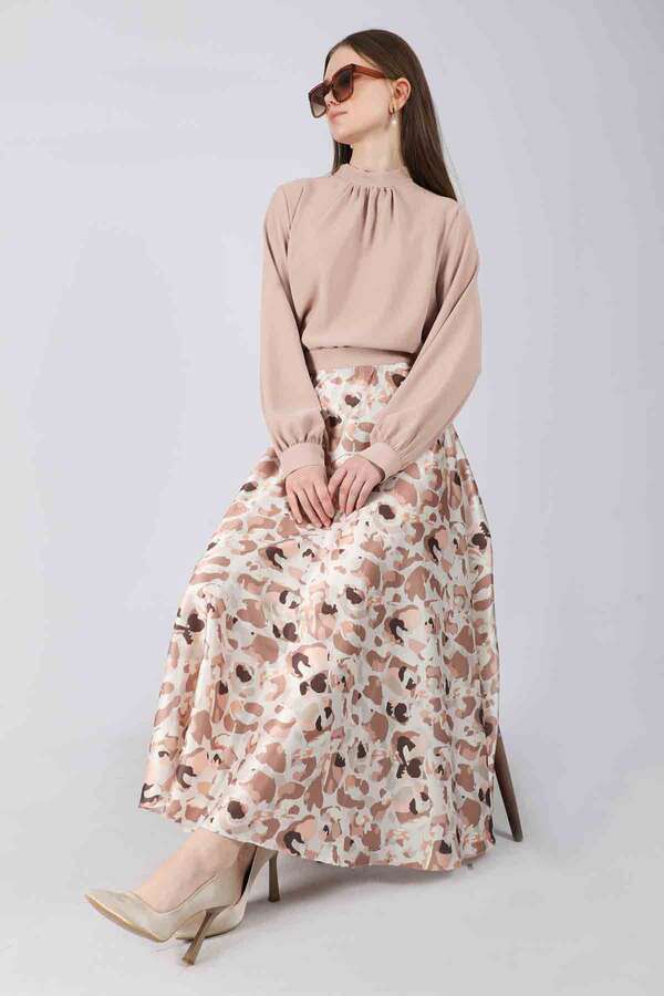 Ebru Patterned Skirt Set Cream - 1