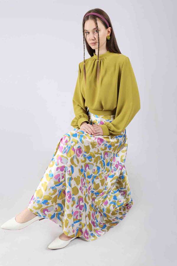 Ebru Patterned Skirt Set Oil Green - 1